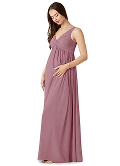 Azazie Yetta Maternity Bridesmaid Dresses A-Line V-Neck Gathered Chiffon Floor-Length Dress image4