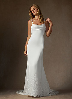 Azazie Eliora Wedding Dresses Diamond White Fit and Flare Stretch Satin Dress image8