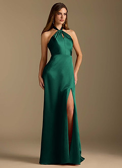 Azazie Tracie Abiti da Damigella Abito A-Line in Raso Metallizzato Plissettato Smeraldo image5