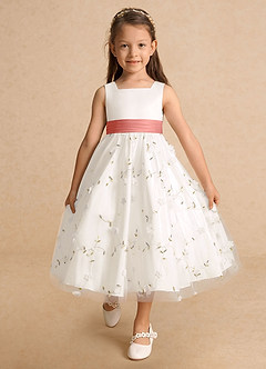 Azazie Pollie Flower Girl Dresses Ivory Salmon Pink A-Line Bow Tulle Dress image10