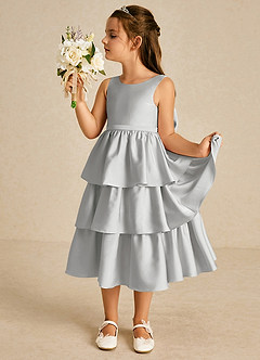 Azazie Margery Flower Girl Dresses Silver A-Line Bow Stretch Satin Dress image4