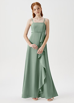 Azazie Kaylee Junior Robe Trapèze en Satin extensible avec ceinture Matcha image1