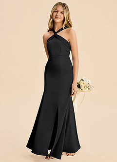 Azazie Rue Junior Black Mermaid Pleated Stretch Satin Dress image3