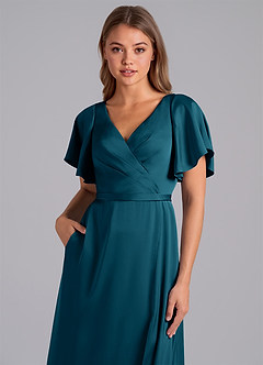 Azazie Ambrosia Robes de demoiselle d'honneur Robe Trapèze en Satin extensible Plissée Bleu Encre image2