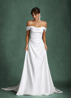 Azazie Brittney Wedding Dresses Diamond White A-Line Off the Shoulder Stretch Satin Dress image7