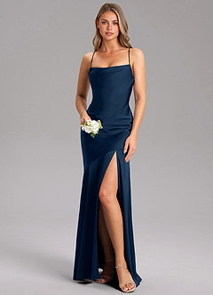 Azazie Grata Bridesmaid Dresses Dark Navy Sheath Side Slit Stretch Satin Dress image1