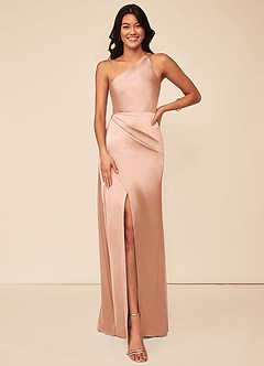 Azazie Maron Bridesmaid Dresses Rose Gold A-Line One Shoulder Stretch Satin Dress image1