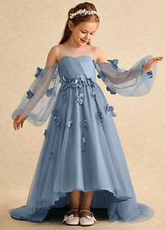 Azazie Karrie Blumenmädchenkleider A-Linie mit ärmel Tüll Kleid Staubblau image4
