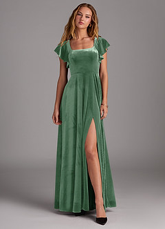 Azazie Bondi Bridesmaid Dresses Eucalyptus A-Line Side Slit Velvet Dress image1