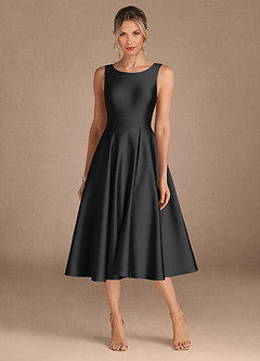 Azazie Fulton At-home Try On Dresses Black A-Line Pleated Stretch Satin Dress image5