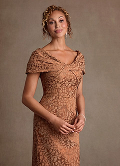 Azazie Atkins At-home Try On Dresses Caramel Cocoa Column Off the Shoulder Floral Jacquard Dress image5