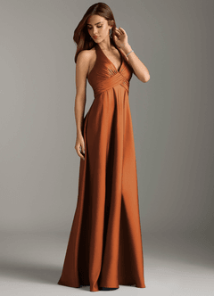 Azazie Tessie Bridesmaid Dresses Cinnamon A-Line Pleated Stretch Satin Dress image4