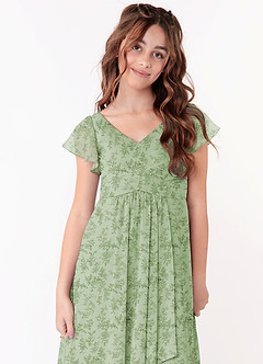 Azazie Omari Junior Abito A-Line in Chiffon Increspato Green Fern Floral image4