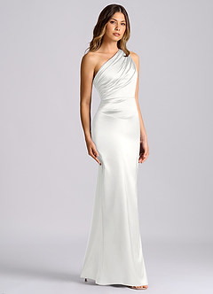Azazie Akilah Vestidos de damas de honor Vestido de Blanco de Satén Elástico de Corte Sirena con Hombro unilateral image3