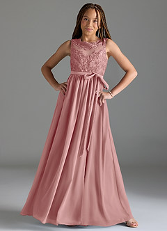 Azazie Elly Junior Abito A-Line in Chiffon Pizzo Rosa Polverosa image3
