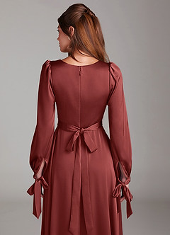 Azazie Leonia Bridesmaid Dresses Terracotta A-Line Long Sleeve Stretch Satin Dress image7