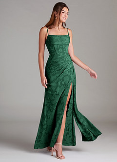 Azazie Denisa Bridesmaid Dresses Dark Green Sheath Pleated Floral Burnout Dress image4