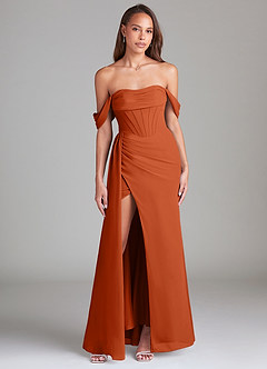Azazie Amyra Vestidos de damas de honor Vestido de Naranja Quemada de Gasa de Corte Recto Convertible con Vestidos sin tirantes image1