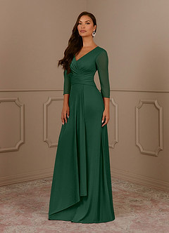 Azazie Annetta Mother of the Bride Dresses Dark Green A-Line V-Neck Pleated Mesh Dress image2