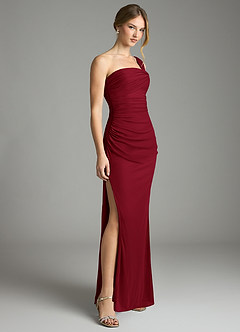 Azazie Tati At-home Try On Dresses Burgundy Sheath Off the Shoulder Mesh Dress image3