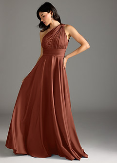 Azazie Charlize Brautjungfernkleider A-Linie One-Shoulder Stretch-Satin Kleid Lehm image5