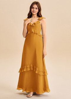 Azazie Tavie Junior Vestido de Caramelo de Gasa de Corte en A con Volante image3