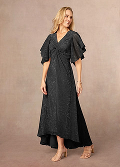 Azazie Mollina Mother of the Bride Dresses Black A-Line Ruffle Flutter Sleeve Metallic Mesh Dress image2