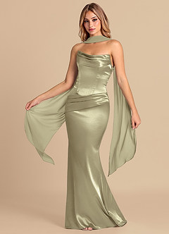 Azazie Sorrel Robes de demoiselle d'honneur Robe Sirène Convertible en Satiné métallisé Corset Vert Mousse image1