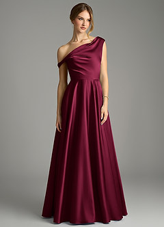 Azazie Xanthe Bridesmaid Dresses Burgundy A-Line Off the Shoulder Stretch Satin Dress image3