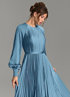 Azazie Grayson Bridesmaid Dresses Steel Blue A-Line Long Sleeve Stretch Satin Dress image6
