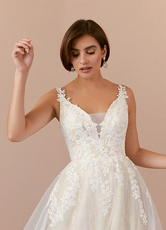 Azazie Jolene Wedding Dresses A-Line Lace Tulle Cathedral Train Dress image5