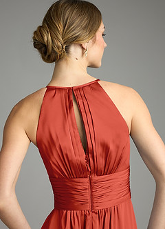 Azazie Bonnie Bridesmaid Dresses Rust A-Line Pleated Stretch Satin Dress image6