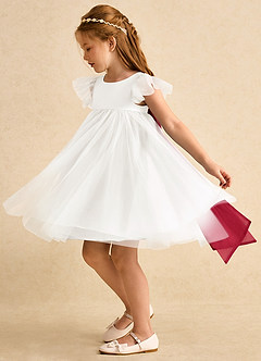 Azazie Munchkin Flower Girl Dresses Ivory Scarlet A-Line Bow Tulle Dress image5