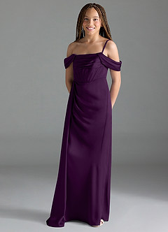 Azazie Amyra Junior Grape Sheath Off the Shoulder Stretch Satin Dress image4