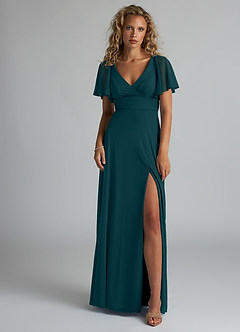 Azazie Induh Bridesmaid Dresses Pine A-Line Flutter V-neck Mesh Dress image2