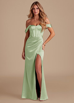Azazie Asha Robes de demoiselle d'honneur Robe Fourreau en Satiné métallisé Épaule décolletée Vert Sauge image1