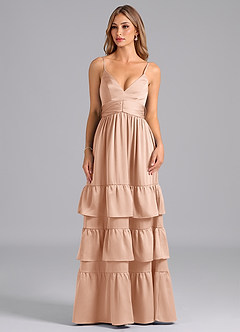 Azazie Nathalia Bridesmaid Dresses Rose Gold A-Line Pleated Stretch Satin Dress image3