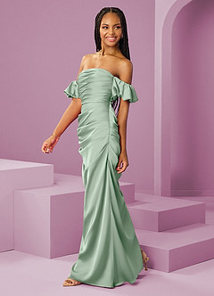 Barbie ♥ Azazie Jurken voor bruidsmeisjes Converteerbaar Jurk van Stretch Satijn met Kolom Off the Shoulder Agave image4