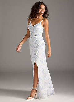 Azazie Deandra Bridesmaid Dresses Blue Vintage Floral Mermaid Pleated Chiffon Dress image5