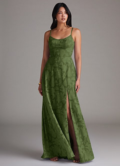 Azazie Moira Vestidos de damas de honor Vestido de Oliva de Devorado Floral de Corte en A con Corte Lateral image4