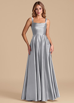 Azazie Shaude 신부 들러리 드레스 A라인 주름진 메탈릭 새틴 바닥 길이 드레스 image5