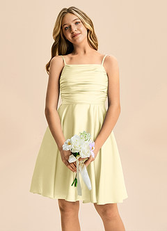 Azazie Miko Junior Vestido de Sorbete De Limón de Satén Elástico de Corte en A con Plisado image6