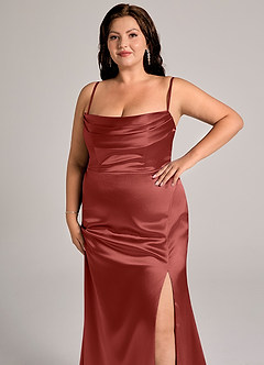 Azazie Saige Abiti da Damigella Abito Convertibile Tubino in Raso Metallizzato a Spalla Scoperta Terracotta image15