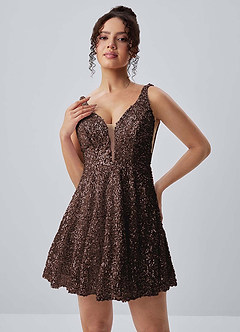 Manon Champagne V-Neck Iridescent Sequin Skater Mini Dress