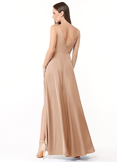 Azazie Dalilah Robes de demoiselle d'honneur Robe Trapèze en Satin extensible Col V plissé Rose Perle image2