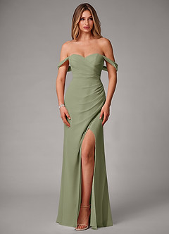 Azazie Haisley At-home Try On Dresses Agave Sheath Off the Shoulder Chiffon Convertible Dress image4