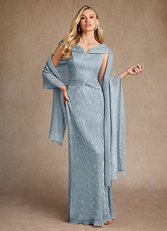 Azazie Warren Mother of the Bride Dresses Dusty Blue A-Line Pleated Metallic Mesh Dress image1