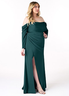Azazie Hallie Bridesmaid Dresses Pine Sheath Off-The-Shoulder Long Sleeve Stretch Satin Convertible Dress image11