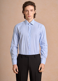 front Aiden White Pale Blue 100% Cotton Non-Iron Striped Dress Shirt