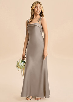 Azazie Willa Junior Taupe Mermaid Bow Stretch Satin Dress image5
